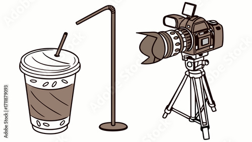 Disposable Cup Camera on Tripod Straw Vlogging Setup Studio Illustration Filming Equipment Drink Photography Video Production Content Creation Broadcast Media Graphic Design Digital.