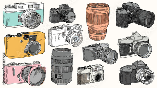 Artistic collection of cameras and coffee cup