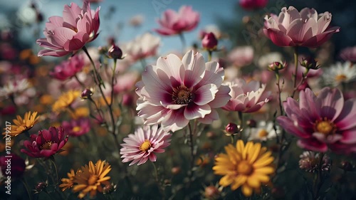 Cosmos Flower Field: A Symphony of Pink and Yellow