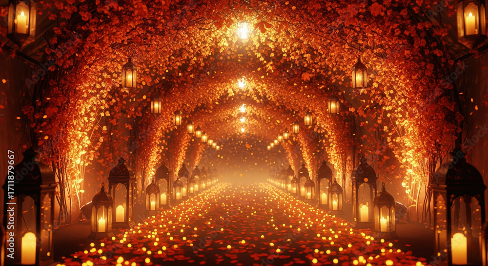Obraz premium Enchanting tunnel of autumn leaves and glowing lanterns creating a magical pathway. Fairytale concept of a romantic journey and festive celebration.