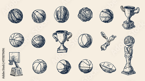 Hand-drawn sports balls and trophies collection