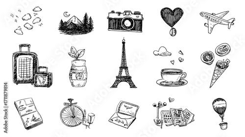 Hand-drawn travel-themed illustrations