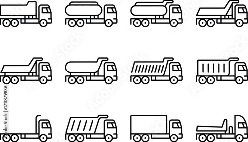Collection of diverse truck icons illustrating various transport and construction vehicles.