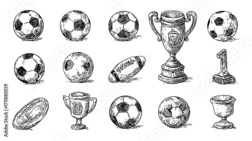 Hand-drawn sports trophies and balls collection