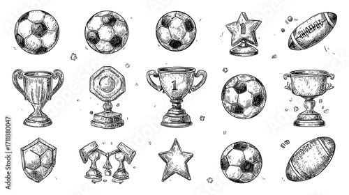 Hand-drawn sports trophies and balls collection