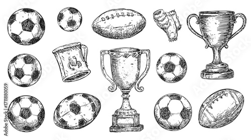 Hand-drawn sports collection with trophies and balls