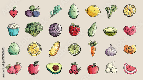 Colorful hand-drawn fruits and vegetables collection