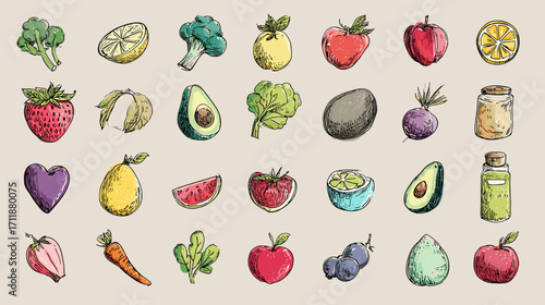 Colorful hand-drawn fruits and vegetables collection