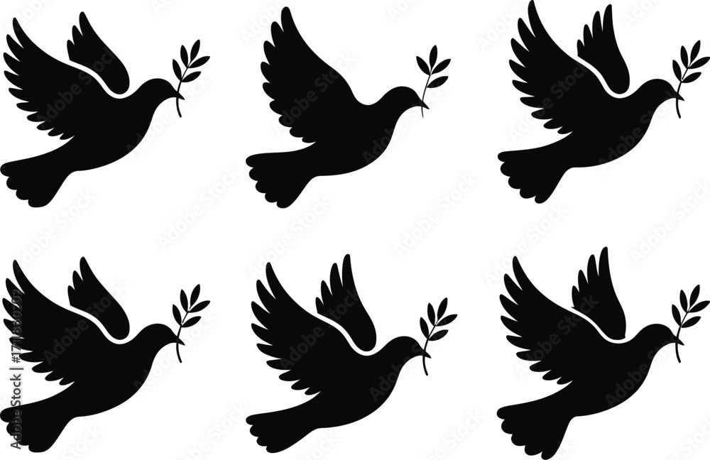 Obraz premium Six black silhouettes of doves carrying olive branches, symbolizing peace and hope.