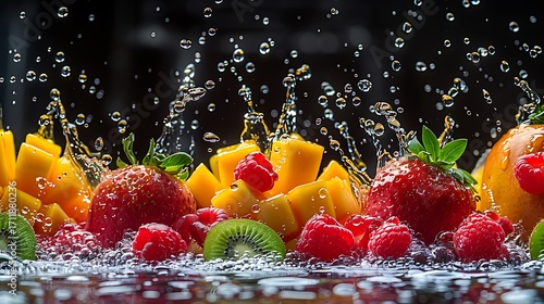 Vibrant fresh fruit medley splashes in water, creating a refreshing and healthy visual.
