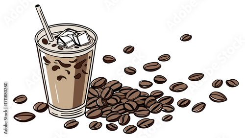 Iced Coffee Drink with Coffee Beans Refreshing Summer Beverage Illustration Menu Design.