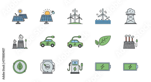 Modern renewable energy and sustainability icons showing solar, wind, electric cars and clean power generation