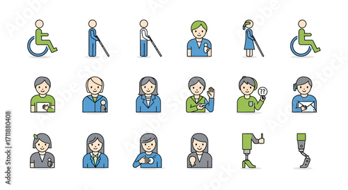 Diverse people icons represent accessibility, inclusion, and various professions for modern design projects.