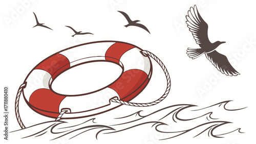 Life Preserver in Ocean Waves with Birds Nautical Safety Illustration Vector Graphic Design.