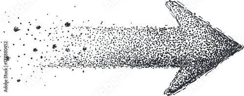 A stylized black arrow indicating direction with a textured design and abstract elements.