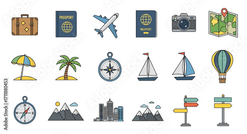 Plan your perfect getaway with these travel icons for vacation planning, tourism marketing, and creative projects