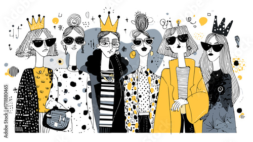 Stylish illustration of fashionable women with crowns