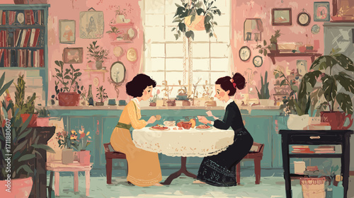 Cozy tea time with friends in a vintage setting