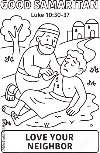 Black and white illustration of the Good Samaritan helping injured man with “Love Your Neighbor” and Luke 10:30–37 scripture
