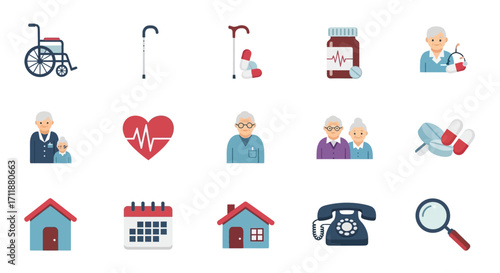 Essential senior care icons including wheelchair, cane, medication, and health symbols for support services