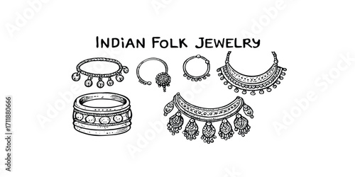 Print  Hand-drawn vector doodles of Indian folk jewelry – anklets, nose rings, bangles, and necklaces, isolated on white.