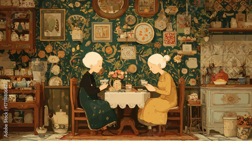 Cozy tea time with elderly friends in vintage kitchen