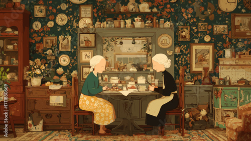 Cozy tea time with elderly friends in vintage decor