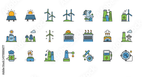 Vibrant collection of modern renewable energy icons, illustrating clean power sources for a sustainable future.
