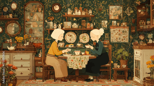 Cozy tea time with elderly friends in vintage kitchen