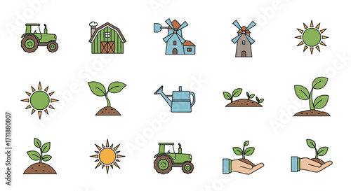 Vibrant farm icons like tractors, barns, windmills, and growing plants represent agriculture and sustainability