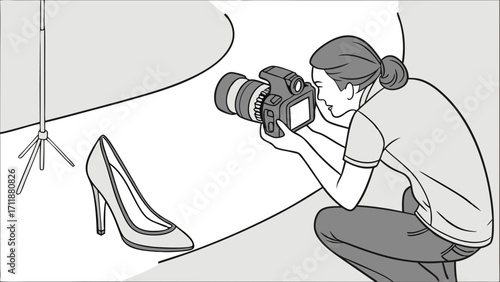 Photographer taking a picture of a high-heeled shoe in a studio setting.