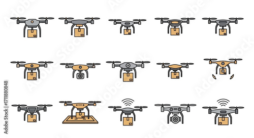 Modern drones deliver packages and capture aerial views in vibrant icon set