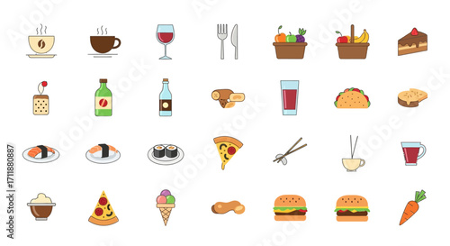 Delicious food and drink icons, a cheerful culinary collection for menus or food blogs. Colorful and fun