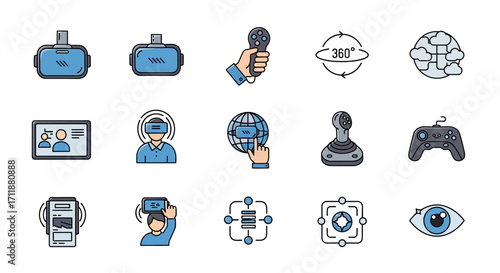 Explore immersive virtual reality and gaming tech with these dynamic icons for futuristic digital experiences.