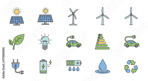 Clean energy icons power sustainable future, renewable resources, electric transport, and eco-friendly innovation