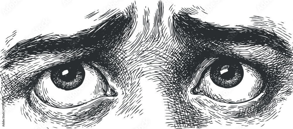Fototapeta premium A detailed sketch of human eyes conveying deep emotion and intensity in black and white.