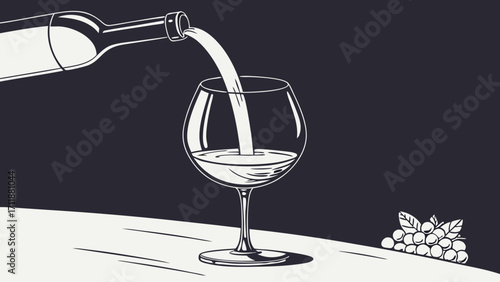 Pouring wine into a glass grapes monochrome illustration alcohol beverage drink vector graphic restaurant menu wine list bar winery vintage style elegant design minimalist art food a.