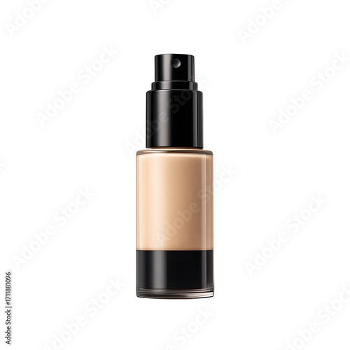 Clear glass bottle of beige liquid makeup,  a spray top