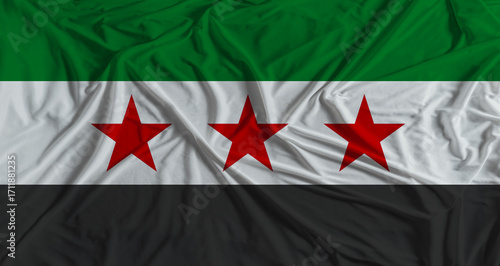 Syrian flag with fabric texture background. National flag of Syria