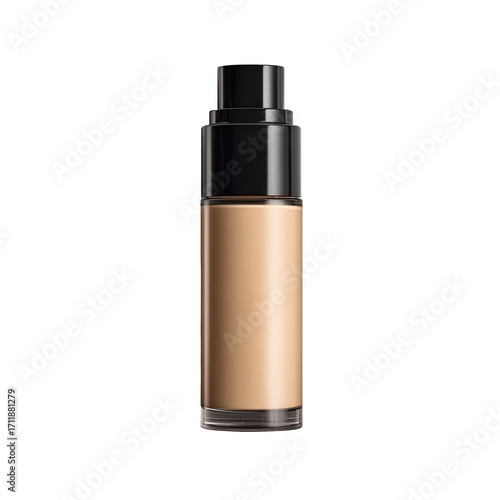 Creamy beige liquid foundation in a clear bottle with black top