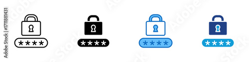 Password Lock Multiple Style Icon Design Vector - Padlock with password field, representing login, access, account protection, and security