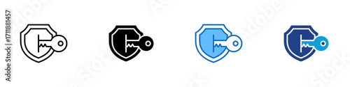 Secure Key Multiple Style Icon Design Vector - Shield with digital key, representing protection, access control, and cybersecurity authentication
