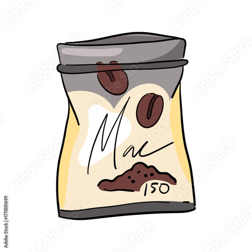 Large zip bag of instant coffee. Colorful illustration on white. Instant coffee, just pour with water. Instant coffee at home. Morning energy hot drinks for a boost. Packed in a thick bag