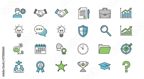 Essential business icon set for professional presentations and website design elements, modern and clean