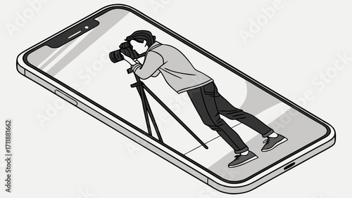 Smartphone Screen Showing Photographer with Camera on Tripod.