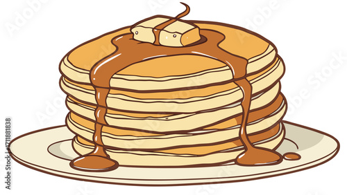 Stack of Pancakes with Syrup and Butter Topping Breakfast Food Illustration.