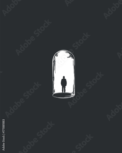 A minimalist illustration depicting a silhouette of a person inside a transparent dome, evoking themes of isolation.