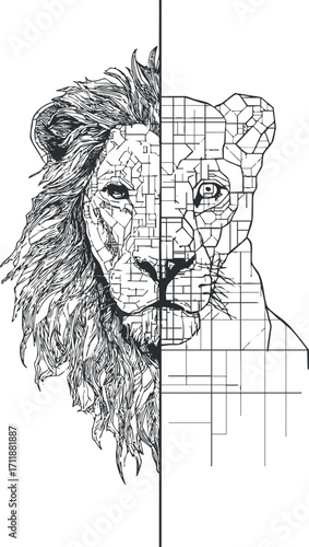 Stylized black and white illustration of a lion's face with geometric patterns and details.