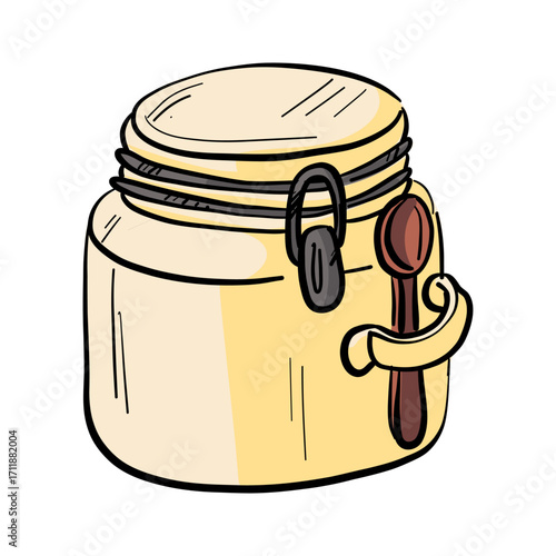 jar with an airtight lid for storing coffee or sugar with spoon. Colorful illustration on white. ceramic container with spoon handle. Airtight storage with lid. Morning energy drinks boost your mood