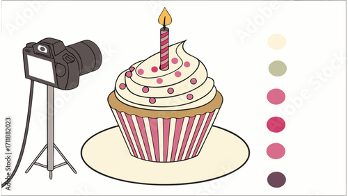 Studio Photography of a Birthday Cupcake with a Lit Candle on a Cake Stand.